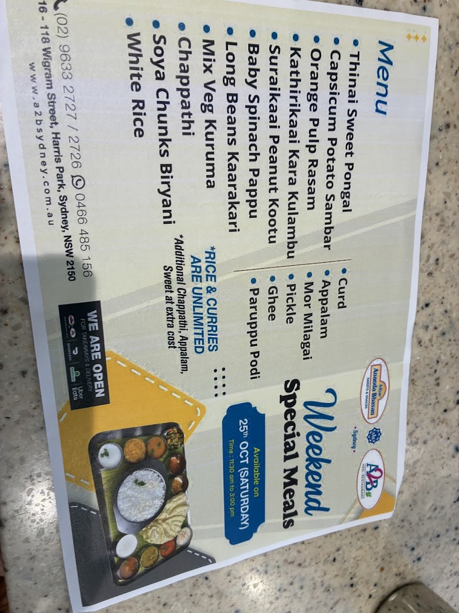 Menu Adyar Ananda Bhavan, Sydney (A2B Sydney)-4